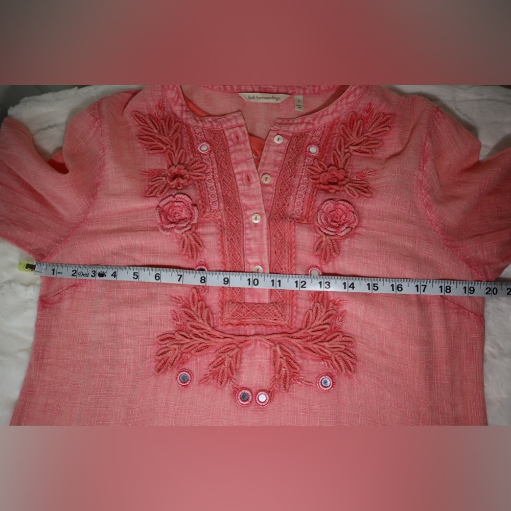 Soft Surroundings Coral Pink Embroidered Boho Tunic Top Mirror Fringe Small - Picture 13 of 16
